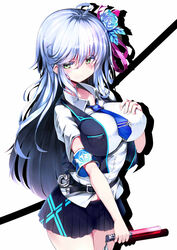  ahoge armband belt black_belt black_skirt black_vest blue_armband blue_necktie breast_pocket breasts closed_mouth collared_shirt cowboy_shot cuffs female flower furrowed_brow green_eyes hair_between_eyes hair_flower hair_ornament hand_up handcuffs highres large_breasts leaf long_hair miniskirt necktie omochishiki open_clothes open_vest original pleated_skirt pocket shirt short_sleeves skirt solo vest white_hair white_shirt 