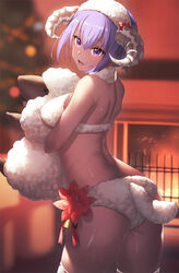  :d ass back bare_shoulders blurry blurry_background blush bra breasts collar cowboy_shot dark-skinned_female dark_skin fake_tail fate/grand_order fate/prototype fate/prototype:_fragments_of_blue_and_silver fate_(series) female fireplace flower from_behind fur_bra fur_collar hair_between_eyes hairband hassan_of_serenity_(fate) hassan_of_serenity_(merry_sheep)_(fate) holding holding_stuffed_toy horns ibuki_notsu indoors looking_at_viewer looking_back medium_breasts open_mouth purple_eyes purple_hair sheep sheep_horns sheep_tail short_hair smile solo standing stuffed_animal stuffed_sheep stuffed_toy tail thighs underwear white_bra white_hairband wool 