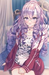  absurdres blush chest_tattoo collarbone drill_hair female glasses hair_ribbon highres hyakumantenbara_salome hyakumantenbara_salome_(casual) jacket long_hair long_sleeves mitorine0310 nijisanji open_mouth pink_ribbon purple_hair red_jacket red_shorts ribbon scorpion_tattoo shirt shorts sitting solo t-shirt tattoo virtual_youtuber white_shirt 