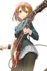  :d absurdres black_jacket black_pantyhose blazer bob_cut breasts brown_eyes brown_hair buttons cable commentary electric_guitar female gibson_brands_inc gibson_les_paul grey_skirt guitar hair_between_eyes hair_ornament hairclip highres hirasawa_yui holding holding_instrument instrument jacket k-on! long_sleeves looking_at_viewer medium_hair miniskirt open_mouth pantyhose pleated_skirt plectrum pro-p sakuragaoka_high_school_uniform school_uniform simple_background skirt small_breasts smile solo strap symbol-only_commentary white_background wing_collar winter_uniform 