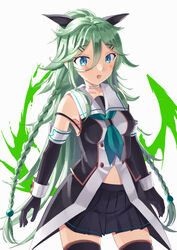  black_gloves black_ribbon black_serafuku black_skirt black_thighhighs braid buttons cowboy_shot double-breasted elbow_gloves female gloves green_eyes green_hair green_neckerchief hair_between_eyes hair_flaps hair_ornament hair_ribbon hairclip kantai_collection long_hair mayura_(lucadia) neckerchief parted_bangs pleated_skirt ponytail ribbon school_uniform serafuku sidelocks simple_background skirt solo thighhighs twin_braids white_background wrist_cuffs yamakaze_(kancolle) yamakaze_kai_ni_(kancolle) 