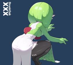  artist_name ass back black_pantyhose blue_background bob_cut breasts colored_skin commentary drunkoak english_commentary female from_behind gardevoir goddess_of_victory:_nikke green_hair green_skin hand_up leaning_forward medium_breasts meme multicolored_skin nikke&#039;s_shooting_pose_(meme) pantyhose parody pokemon pokemon_(creature) shiny_clothes shiny_skin short_hair simple_background single_leg_pantyhose solo squatting two-tone_skin watermark white_skin 