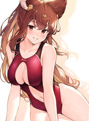  anthuria bad_id bad_pixiv_id blush breasts brown_hair commentary_request competition_swimsuit erune female granblue_fantasy highres koretsuki_azuma long_hair looking_at_viewer medium_breasts navel one-piece_swimsuit red_eyes red_one-piece_swimsuit smile solo swimsuit thighs 