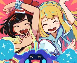  2girls arm_up beanie black_hair blonde_hair blush braid closed_eyes commentary_request cosmog eyelashes floral_print gotcha! happy hat highres lillie_(pokemon) medium_hair multiple_girls open_mouth pokemon pokemon_(creature) pokemon_sm pose red_headwear selene_(pokemon) shirt short_sleeves smile t-shirt teeth tongue yonaga_story z-ring 