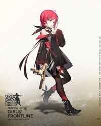  arm_tattoo arm_up bad_link barcode barcode_tattoo black_dress black_footwear black_jacket black_pantyhose black_scarf boots breasts character_name chinese_commentary chinese_text closed_mouth clothes_pull copyright_name dress earpiece eyewear_around_neck female full_body girls&#039;_frontline green_eyes gun hair_ornament hairclip highres holding holding_gun holding_weapon jacket jacket_pull kinoshita_neko long_hair looking_at_viewer looking_to_the_side mpl_(girls&#039;_frontline) official_art pantyhose promotional_art red_hair safety_glasses scarf simple_background small_breasts solo standing submachine_gun tattoo walther_mp weapon 