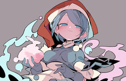  :3 aqua_eyes aqua_hair black_capelet black_gloves blush breasts capelet closed_mouth doremy_sweet dream_soul dress ears_visible_through_hair female gloves grey_background half-closed_eyes hands_up hat highres holding impossible_clothes looking_at_viewer massakasama medium_breasts nightcap pom_pom_(clothes) red_hat short_hair simple_background smile solo swept_bangs touhou upper_body white_dress 