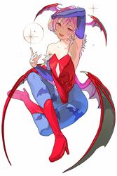  :d animal_print armpits bad_id bad_twitter_id bare_shoulders bat_print bat_wings bridal_gauntlets demon_girl diamond_cutout fangs female flat_chest full_body head_wings highres koyoi_mitsuki leotard lilith_aensland looking_at_viewer pantyhose print_pantyhose purple_hair red_eyes red_leotard short_hair sitting smile solo vampire_(game) wings 