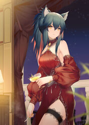  absurdres alternate_costume animal_ears arknights bare_shoulders black_hair breasts chinese_commentary cigarette commentary cowboy_shot cup dress drinking_glass female highres holding holding_cigarette holding_cup indoors jiusan_naitang long_hair long_sleeves medium_breasts multicolored_hair night night_sky ponytail railing red_dress red_hair sky sleeveless sleeveless_dress solo standing texas_(arknights) thigh_strap thighs wolf_ears yellow_eyes 