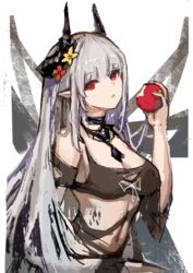  absurdres apple arknights bare_shoulders bikini black_bikini black_choker breasts chinese_commentary choker commentary_request female flower food fruit grey_hair hair_flower hair_ornament hand_up highres holding holding_food holding_fruit horns jewelry long_hair looking_at_viewer mudrock_(arknights) mudrock_(silent_night)_(arknights) navel necklace official_alternate_costume parted_lips partial_commentary red_eyes shijiubashuazi solo stomach swimsuit upper_body very_long_hair yellow_flower 