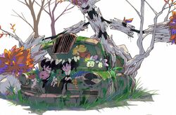  0_ici_0 bad_id bad_twitter_id car character_doll closed_eyes commentary eyelashes flower gastly gossifleur gothita grass head_tilt highres holding morelull moss motor_vehicle munna no_humans pokemon pokemon_(creature) sitting tree trevenant white_background 