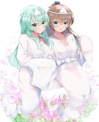  2girls alternate_costume aqua_eyes blush brown_hair closed_mouth commission fuuna ghost ghost_tail green_eyes green_hair hair_between_eyes highres japanese_clothes kantai_collection kimono kumano_(kancolle) long_hair long_sleeves multiple_girls open_mouth ponytail right-over-left_kimono skeb_commission smile suzuya_(kancolle) triangular_headpiece white_kimono wide_sleeves 