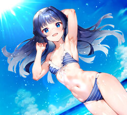  arm_behind_head armpits bikini blue_bikini blue_eyes blue_hair blue_sky blush breasts cloud collarbone dutch_angle female frilled_bikini_top front-tie_bikini_top front-tie_top highres idolmaster idolmaster_million_live! long_hair looking_at_viewer mogami_shizuka navel ocean open_mouth outdoors qianlou_(qianlou12374) sidelocks sky small_breasts smile solo stomach striped_bikini striped_clothes sunlight swimsuit thighs toned 