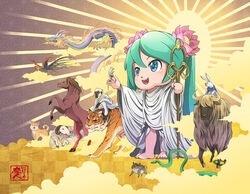  animal animal_on_finger anniversary aqua_eyes aqua_hair aqua_nails asa_no_ha_(pattern) barefoot bird boar bull canine chicken chinese_zodiac cloud commentary dragon earrings female flower flying hair_flower hair_ornament hatsune_miku highres holding holding_staff hoop_earrings horns horse jewelry lolita_majin lotus male_chicken mikudayoo monkey mouse_(animal) nail_polish open_mouth outstretched_arm pink_flower rabbit rabbit_yukine robe seal_impression shakujou sheep sheep_horns smile snake staff sunburst teeth textless_version tiger toenail_polish toenails translated tusks twintails upper_teeth_only variant_set vocaloid white_robe 