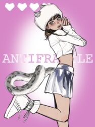  animal_ears animification antifragile_(le_sserafim) black_hair blush boots braid brown_hair crop_top female grey_eyes grey_skirt heart highres k-pop kemonomimi_mode kim_chae-won le_sserafim leopard_ears leopard_girl leopard_tail long_sleeves looking_at_viewer medium_hair multicolored_hair murenzi open_mouth pink_background pink_lips pleated_skirt real_life shiny_skirt shirt side_braid skirt sleeves_past_wrists smile solo song_name streaked_hair tail white_footwear white_headwear white_shirt 