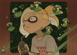  absurdres bags_under_eyes blonde_hair can commentary_request domino_mask drinking_straw fish_stick_(splatoon) highres holding holding_can inkling inkling_boy inkling_player_character iwamushi male_focus mask music musical_note ponytail ptsd salmon_run_(splatoon) salmonid seeing_stars shirt short_sleeves singing smallfry_(splatoon) splatoon_(series) splatoon_3 t-shirt tentacle_hair thousand_yard_stare traumatized upper_body white_shirt 