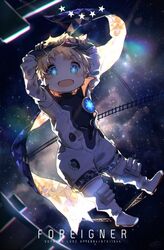  1boy :d blonde_hair blue_eyes fate/grand_order fate/requiem fate_(series) goggles goggles_on_head highres lolicon male_focus open_mouth smile solo space spacesuit star_(sky) voyager_(fate) voyager_(third_ascension)_(fate) zutaboro 