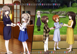  6+girls :d absurdres animal_slippers back_bow black_dress black_footwear black_skirt blue_skirt blunt_bangs book bow brown_eyes brown_hair brown_legwear calendar_(medium) collar collarbone covering_own_mouth dress frilled_collar frilled_dress frills gift girls_und_panzer grass grey_legwear hair_ribbon hairband high_collar highres holding holding_gift indoors itsumi_erika june long_hair looking_at_another mature_female may medium_hair mother&#039;s_day mother_and_daughter multiple_girls nishizumi_maho nishizumi_miho nishizumi_shiho official_art open_mouth pants pantyhose plaid plaid_shirt ribbon rock scan see-through see-through_legwear shimada_arisu shimada_chiyo shirt skirt sleeveless sleeveless_dress slippers smile socks standing striped_clothes striped_dress tatami trophy twintails vertical_stripes white_pants white_shirt wooden_floor yellow_dress 