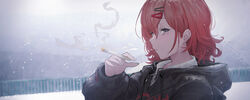  black_jacket brown_hair cigarette female hair_ornament hairclip hand_up highres higuchi_madoka holding holding_cigarette hood hood_down hooded_jacket idolmaster idolmaster_shiny_colors jacket long_sleeves looking_at_viewer oooomiga purple_eyes short_hair smoking snow solo upper_body 