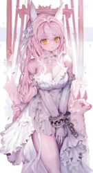  animal animal_ear_fluff animal_ears bare_shoulders breasts chains cleavage closed_mouth commentary dress ear_ribbon elbow_gloves female fox fox_ears fox_girl gloves grey_ribbon hair_between_eyes highres long_hair looking_at_viewer medium_breasts original pink_hair ribbon standing symbol-only_commentary thighs voruvoru white_dress white_gloves yellow_eyes 