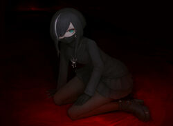  bad_id bad_pixiv_id black_gloves black_hair black_skirt black_theme commentary_request darkness female gloves green_eyes hair_over_one_eye jewelry kneeling mask mihato_senba mole mole_under_eye mouth_mask multicolored_hair necklace original pantyhose pleated_skirt skirt solo streaked_hair surgical_mask two-tone_hair white_hair 