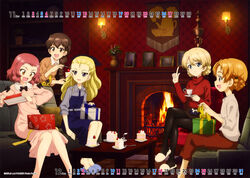  5girls :d absurdres assam_(girls_und_panzer) banner black_pantyhose blonde_hair blue_eyes blue_shirt brown_eyes brown_hair brown_pants brown_shirt cake calendar_(medium) closed_mouth collared_shirt couch crossed_legs cup darjeeling_(girls_und_panzer) december dress fire fireplace food fork fruit gift girls_und_panzer grey_eyes hair_between_eyes hair_pulled_back highres holding holding_cup holding_gift index_finger_raised indoors lamp long_hair medium_hair multiple_girls november official_art open_mouth orange_hair orange_pekoe_(girls_und_panzer) pants pantyhose photo_(object) pink_dress plate red_hair red_sweater rosehip_(girls_und_panzer) rug rukuriri_(girls_und_panzer) scan shirt sitting slippers smile standing strawberry sweater table tea turtleneck turtleneck_sweater vase 