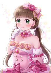  absurdres blunt_bangs blush bow braid breasts brown_hair choker commentary cosplay detached_sleeves dress dress_bow earrings female frilled_choker frills gloves green_eyes hairbow half_up_braid half_updo heart heart_earrings highres jewelry long_hair looking_at_viewer love_live! love_live!_nijigasaki_high_school_idol_club love_live!_superstar!! low_twintails open_mouth pink_choker pink_dress puffy_detached_sleeves puffy_short_sleeves puffy_sleeves ritaso sakurakoji_kinako short_sleeves small_breasts solo strapless strapless_dress twintails uehara_ayumu uehara_ayumu_(cosplay) white_gloves yume_e_no_ippo 