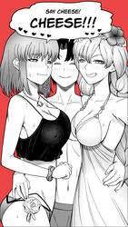  1boy 2girls anastasia_(fate) anastasia_(swimsuit_archer)_(fate) blush breasts charlotte_corday_(fate) charlotte_corday_(swimsuit_caster)_(fate) cleavage covered_nipples dress_swimsuit english_commentary english_text fate/grand_order fate_(series) flower_wreath fujimaru_ritsuka_(male) greyscale highres large_breasts long_hair looking_at_viewer looking_to_the_side monochrome multiple_girls shinsaku_(stan-art) short_hair smile spaghetti_strap 