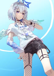  ahoge amane_kanata amane_kanata_(punk_rock) angel angel_wings arm_warmers black_choker black_shorts blue_background blue_eyes blue_hair blue_nails blue_sky bob_cut character_print choker closed_mouth colored_inner_hair commentary_request feathered_wings feet_out_of_frame female finger_to_cheek finger_to_face fingernails fishnets from_below grey_hair hair_between_eyes hair_ornament hairclip halo hand_on_own_hip head_tilt highres hololive jewelry light_blush light_smile looking_at_viewer mini_wings multicolored_hair nail_polish official_alternate_costume outdoors print_shirt purple_eyes self_character_print shirt short_hair short_shorts short_sleeves shorts single_arm_warmer single_fishnet_legwear sky solo t-shirt thigh_strap virtual_youtuber white_shirt wings x_hair_ornament yami_ara 