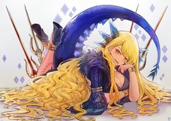  absurdres blonde_hair breasts chin_piercing cleavage cleavage_cutout clothing_cutout dragon dragon_girl dragon_horns dragon_tail dress fate/grand_order fate_(series) female high_heels highres horns long_hair looking_at_viewer lying ootato polearm sharp_teeth simple_background solo spear spikes spines tail tattoo teeth very_long_hair vritra_(fate) weapon yellow_eyes 