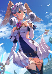  blue_eyes braid breasts cowboy_shot crown_braid day dutch_angle female from_below grey_hair head_wings highres holding holding_staff juliet_sleeves long_sleeves melia_antiqua o-ring outdoors puffy_sleeves sky small_breasts solo staff standing sugarbeat thighhighs wings xenoblade_chronicles:_future_connected xenoblade_chronicles_(series) xenoblade_chronicles_1 