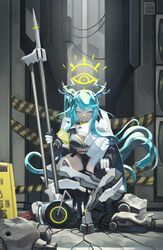  absurdres antlers black_gloves black_shorts black_thighhighs blue_hair breasts brown_eyes caution_tape cleavage commentary_request fangs female gloves grin half-closed_eyes halo highres holding horns large_breasts long_hair looking_at_viewer mecha_musume natori_youkai one_side_up original short_shorts shorts sign sitting smile solo thighhighs very_long_hair white_gloves yellow_halo 