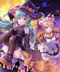  2girls alternate_costume alternate_hairstyle animal_ear_fluff animal_ears animal_hands apron aqua_hair bare_shoulders bat_(animal) bell blush breasts broom broom_riding cat_paws cleavage collar dragon_girl dragon_horns dress enmaided fate/grand_order fate_(series) fox_ears fox_girl fox_tail full_moon gloves halloween hat highres horns jingle_bell kiyohime_(fate) large_breasts long_hair maid maid_apron maid_headdress moon multiple_girls multiple_horns neck_bell night one_eye_closed open_mouth outdoors paw_gloves paw_shoes pink_hair ponytail pumpkin saint_quartz_(fate) shoes suzumia_(daydream) tail tamamo_(fate) tamamo_cat_(fate) tamamo_cat_(second_ascension)_(fate) twintails witch witch_hat yellow_eyes 