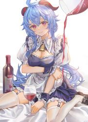  absurdres ahoge alternate_costume apron arm_grab arrrrrry1 bell black_footwear blue_dress blue_hair blue_nails bottle breast_hold breasts cleavage_cutout clothing_cutout commentary_request cowbell cup curled_horns detached_sleeves dress drinking_glass enmaided female fingernails frilled_apron frilled_dress frills ganyu_(genshin_impact) garter_straps genshin_impact goat_horns head_tilt heart highres horns light_smile loafers long_hair looking_at_viewer low_ponytail maid maid_apron medium_breasts nail_polish neck_bell pouring pouring_onto_another puffy_short_sleeves puffy_sleeves purple_eyes shoes short_sleeves simple_background sitting solo thighhighs waist_apron wariza white_apron white_background white_thighhighs wine_bottle wine_glass 