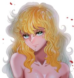  blonde_hair breasts commentary_request female grey_eyes highres long_hair medium_breasts mugicha_(zoro1132) nude oscar_francois_de_jarjayes petals portrait smile solo versailles_no_bara wavy_hair 