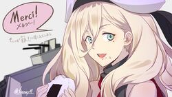  beret blonde_hair blue_eyes blurry depth_of_field eating female food french_text hair_between_eyes hat highres kantai_collection long_hair looking_at_viewer machinery mole mole_under_eye mole_under_mouth multicolored_clothes multicolored_scarf onigiri richelieu_(kancolle) scarf shinmai_(kyata) simple_background smile solo translated twitter_username upper_body white_background white_hat 