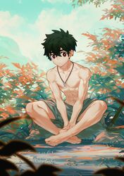  1boy arsh_(thestarwish) barefoot black_hair day feet hands_on_feet indian_style jewelry kemono_jihen kusaka_kabane male_focus muscular muscular_male necklace outdoors red_eyes short_hair sitting solo topless_male 