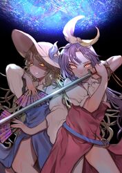  2girls absurdres blonde_hair glowing glowing_eyes hair_ribbon hand_fan hat highres long_hair multiple_girls no_pants purple_hair red_eyes ribbon siblings silent_sinner_in_blue sisters sword touhou touhou_bougetsushou watatsuki_no_toyohime watatsuki_no_yorihime weapon yamazaki_tsukune yellow_eyes 