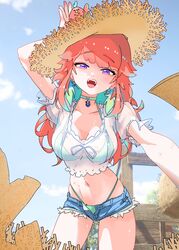  bikini bikini_under_clothes bird breasts chicken choker cleavage cloud day earrings feather_earrings feathers female green_bikini gurumie halterneck hat highleg highleg_bikini highres hololive hololive_english jewelry kotori_(takanashi_kiara) long_hair looking_at_viewer multicolored_hair open_fly open_mouth outdoors short_shorts shorts sky solo straw_hat streaked_hair string_bikini sweat swimsuit takanashi_kiara takanashi_kiara_(casual) virtual_youtuber 