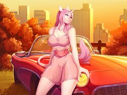  2020 anthro big_breasts blue_eyes breasts car clothed clothing day detailed_background digital_media_(artwork) dress equid equine eyebrows eyelashes female fingers grass horn knight_dd mammal mythological_creature mythological_equine mythology on_car outside plant sky solo unicorn vehicle 