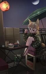  alternate_costume animal_ears bare_legs barefoot blonde_hair casual collared_shirt commentary cup extra_ears female fennec_(kemono_friends) flannel folding_table food fox_ears fox_girl fox_tail green_shirt highres kemono_friends knees_to_chest lantern long_sleeves moon multicolored_hair nanana_(nanana_iz) night paper_lantern plaid plaid_shirt shirt short_hair sitting solo table tail two-tone_hair white_hair 