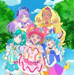  5girls :d ;d ahoge amamiya_elena aqua_eyes aqua_hair bead_choker black_choker blonde_hair blue_dress blue_eyes blue_gloves blunt_bangs bow bracelet choker circlet cure_cosmo cure_milky cure_selene cure_soleil cure_star dark-skinned_female dark_skin day dress earrings elbow_gloves extra_ears gloves hagoromo_lala hair_ornament highres hoshina_hikaru index_finger_raised jewelry kaguya_madoka long_hair looking_at_viewer multiple_girls official_art one_eye_closed open_mouth orange_eyes outdoors paw_pose pink_choker pink_dress pink_eyes pink_hair pointy_ears precure puffy_sleeves purple_bow purple_eyes purple_hair scrunchie smile star_(symbol) star_hair_ornament star_twinkle_precure tree twintails wrist_scrunchie yuni_(precure) 