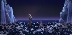  1boy bare_shoulders brown_hair detached_sleeves dress female field flower flower_field gloves hair_over_one_eye highres holding holding_weapon horizon long_hair luke_fon_fabre mountain night night_sky ocean outdoors red_hair sky sleeveless sleeveless_dress staff tales_of_(series) tales_of_the_abyss tear_grants weapon yacht_king 