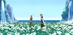  1boy bare_shoulders brown_hair clear_sky day detached_sleeves dress female field flower flower_field gloves highres horizon long_hair looking_at_another luke_fon_fabre mountain ocean outdoors red_hair short_hair sky sleeveless sleeveless_dress tales_of_(series) tales_of_the_abyss tear_grants yacht_king 