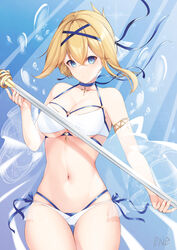  absurdres air_bubble armlet armpit_crease ass_visible_through_thighs azur_lane bad_id bad_pixiv_id bare_shoulders bikini blonde_hair blue_background blue_choker blue_eyes blue_ribbon breasts bubble choker cleavage closed_mouth collarbone commentary cowboy_shot cross cross_choker crossed_bangs female groin hair_between_eyes hair_bun hair_ribbon halterneck highres holding jeanne_d&#039;arc_(azur_lane) jeanne_d&#039;arc_(saintess_of_the_sea)_(azur_lane) large_breasts layered_bikini light_rays looking_at_viewer midriff navel official_alternate_costume rapier ribbon see-through see-through_sleeves shirafuji_ene short_hair side-tie_bikini_bottom sidelocks signature single_hair_bun skindentation solo sparkle sunbeam sunlight swimsuit sword thigh_gap underboob weapon white_bikini 