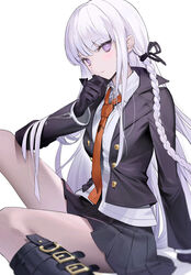  absurdres black_footwear black_gloves black_jacket black_ribbon black_skirt blunt_bangs boots braid buttons collared_shirt commentary_request danganronpa:_trigger_happy_havoc danganronpa_(series) feet_out_of_frame female finger_to_own_chin gloves hair_ribbon highres jacket kirigiri_kyoko knee_boots korean_commentary long_hair looking_at_viewer necktie purple_eyes purple_hair red_necktie ribbon seoji shirt side_braid sidelocks simple_background single_braid sitting skirt solo white_background white_shirt zipper 