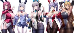  5girls absurdres animal_ears armpits arms_behind_head arms_up asymmetrical_legwear baobhan_sith_(fate) bare_shoulders barghest_(fate) black_bow black_leotard blonde_hair blue_eyes blue_leotard blush bow bowtie braid breasts bridal_gauntlets britomart_(fate) brown_eyes brown_pantyhose choker cleavage clothing_cutout coattails commentary_request contrapposto corset covered_navel detached_collar detached_sleeves double_bun fake_animal_ears fate/grand_order fate_(series) frills garter_straps gradient_background green_eyes grey_eyes grey_hair groin hair_bun hair_intakes hair_ornament half_up_braid hands_up heterochromia highleg highleg_leotard highres huge_breasts kurozawa_yui large_breasts legs_together leotard long_hair looking_at_viewer melusine_(fate) morgan_le_fay_(fate) multiple_girls nail_polish navel navel_cutout necktie pale_skin pantyhose pink_hair playboy_bunny pointy_ears rabbit_ears red_eyes red_leotard sidelocks skindentation small_breasts thighband_pantyhose thighhighs thighs twintails two-tone_leotard very_long_hair white_leotard white_pantyhose wrist_cuffs 