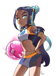  aqua_hair armband artist_name belly_chain bikini black_hair commentary_request crop_top dark-skinned_female dark_skin dynamax_ball earrings eyelashes eyeliner eyeshadow female forehead glowing gold_earrings hair_bun hand_on_own_hip highres holding holding_poke_ball hoop_earrings jewelry korean_commentary long_hair looking_at_viewer looking_down makeup midriff multicolored_hair navel necklace nessa_(pokemon) poke_ball pokemon pokemon_swsh shadow simple_background single_hair_bun solo swimsuit tankini toot two-tone_hair white_background 