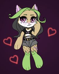  4:5 alternative alternative_fashion anthro chibi choker clothing crop_top domestic_cat e-girl egirl fashion felid feline felis female fishnet_clothing fishnet_legwear green_hair hair heart_symbol hi_res jewelry kiwi_(kiwi_cutie) kiwi_cutie legwear long_socks mammal midriff necklace pink_eyes shirt solo topwear 