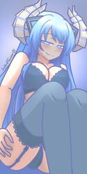  artist_name bare_shoulders black_bra black_panties blue_background blue_eyes blue_hair blush bra breasts cleavage closed_mouth collarbone endlesstsubaki english_commentary feet_out_of_frame female garter_straps hand_on_thigh highres horns kiseijou_rei kiseijou_rei_(goddess_form) large_breasts long_hair looking_at_viewer neptune_(series) panties simple_background smile smug solo symbol-shaped_pupils thighhighs underwear 