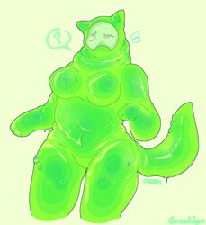  2022 anthro anthrofied blush breasts canid canine crumbnuggets dated featureless_crotch female goo_creature gootraxian green_body green_goo hi_res kaiju_paradise mammal one_eye_closed question_mark roblox slime_hound_(kaiju_paradise) solo speech_bubble 